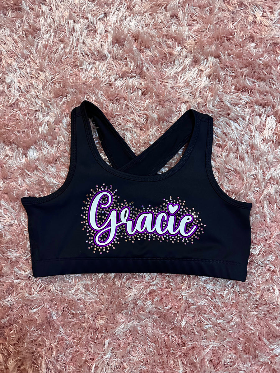Black Sports Bra w Custom Name Outlined in Rhinestones SubZero Cheerleading